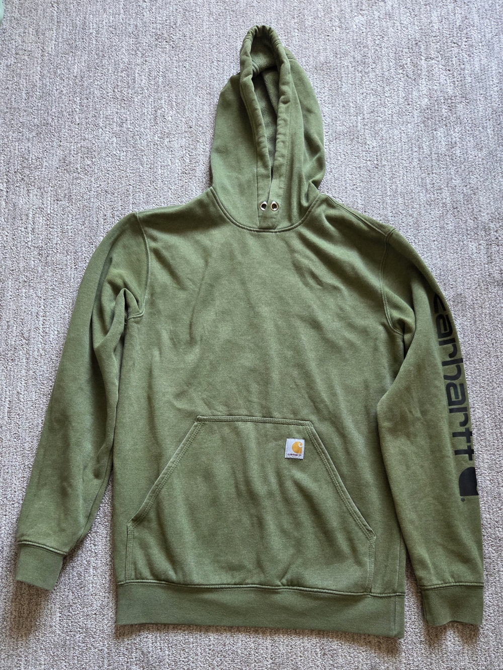 Carhartt Olive Green Pullover Hooded Sweatshirt with Sleeve Logo